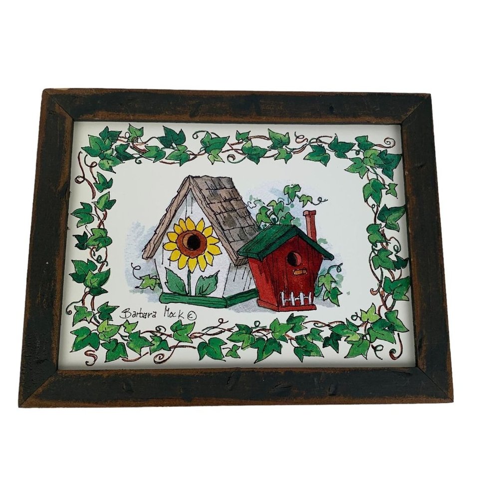 Barbara‎ Mock Birdhouse Print Ivy Sunflower Distressed Frame Cottagecore 9x7